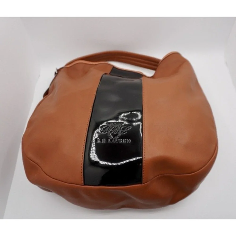 Lauren Ralph Lauren Brown Leather Shoulder‎ Bag Patent Stripe Red Lining 37-06